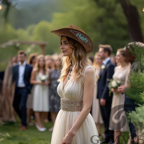 GEMVIE قبعة رعاة البقر الغربية الفيروزية للرجال والنساء ذات حافة كبيرة من جلد الغزال قبعة راعية البقر مطرزة باللون البني مع حزام الذقن in Kuwait