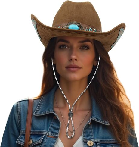 GEMVIE قبعة رعاة البقر الغربية الفيروزية للرجال والنساء ذات حافة كبيرة من جلد الغزال قبعة راعية البقر مطرزة باللون البني مع حزام الذقن in Kuwait