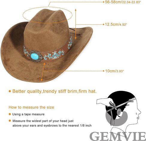 GEMVIE قبعة رعاة البقر الغربية الفيروزية للرجال والنساء ذات حافة كبيرة من جلد الغزال قبعة راعية البقر مطرزة باللون البني مع حزام الذقن in Kuwait