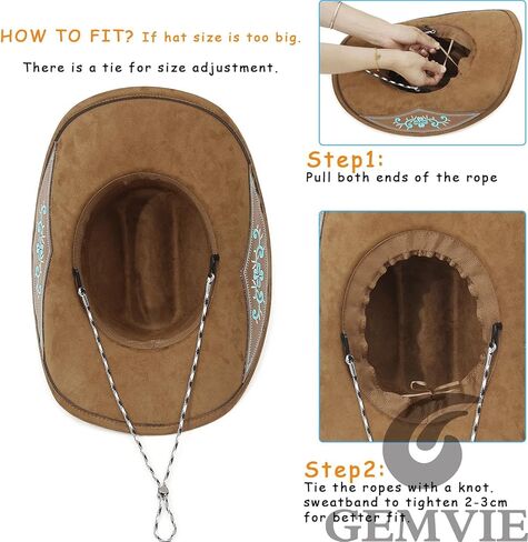 GEMVIE قبعة رعاة البقر الغربية الفيروزية للرجال والنساء ذات حافة كبيرة من جلد الغزال قبعة راعية البقر مطرزة باللون البني مع حزام الذقن in Kuwait
