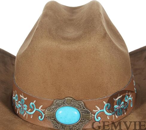 GEMVIE قبعة رعاة البقر الغربية الفيروزية للرجال والنساء ذات حافة كبيرة من جلد الغزال قبعة راعية البقر مطرزة باللون البني مع حزام الذقن in Kuwait