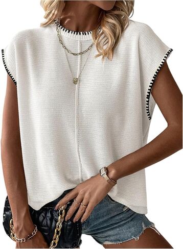 WDIRARA Women's Crew Neck Cap Sleeve Sweater Vests Stitch Trim Pullover Loose Knit Top in Saudi Arabia