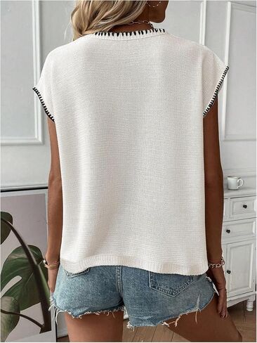 WDIRARA Women's Crew Neck Cap Sleeve Sweater Vests Stitch Trim Pullover Loose Knit Top in Saudi Arabia