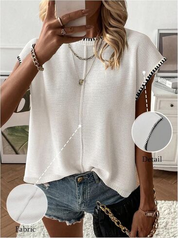 WDIRARA Women's Crew Neck Cap Sleeve Sweater Vests Stitch Trim Pullover Loose Knit Top in Saudi Arabia