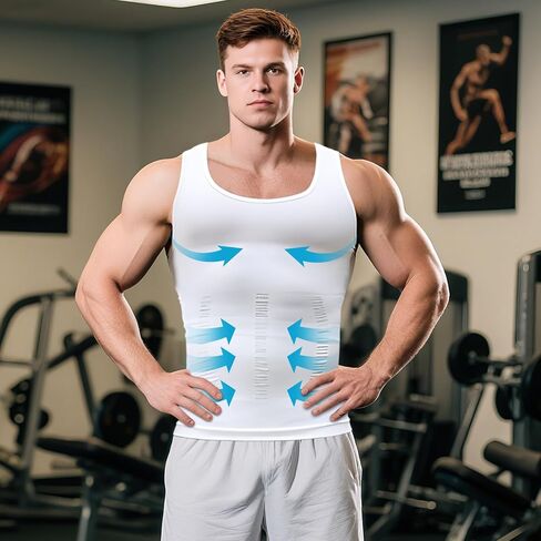 Mens Compression Shirt Slimming Body Shaper Vest Workout Tank Tops Abs Abdomen Undershirts White in Saudi Arabia
