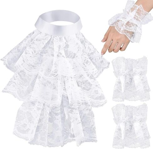Toulite 3 Pcs Clown Accessories Clown Ruffle Collar & Cuffs White Lace Jabot Colonial Victorian Halloween Costume in Saudi Arabia