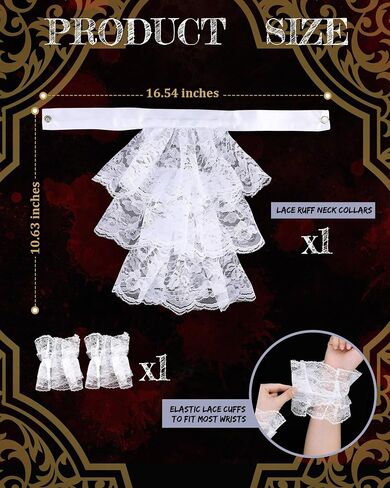 Toulite 3 Pcs Clown Accessories Clown Ruffle Collar & Cuffs White Lace Jabot Colonial Victorian Halloween Costume in Saudi Arabia