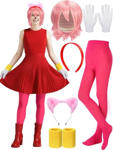 7 Pcs Halloween Hedgehog Costume Accessories Vibrant Pink Haired Hedgehog Cosplay Set Pink Wig Red Headband, Plush Ears & Gloves Gold Wristband for Adults Halloween Cosplay Party in Saudi Arabia