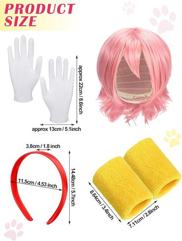 7 Pcs Halloween Hedgehog Costume Accessories Vibrant Pink Haired Hedgehog Cosplay Set Pink Wig Red Headband, Plush Ears & Gloves Gold Wristband for Adults Halloween Cosplay Party in Saudi Arabia