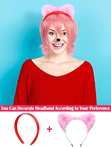 7 Pcs Halloween Hedgehog Costume Accessories Vibrant Pink Haired Hedgehog Cosplay Set Pink Wig Red Headband, Plush Ears & Gloves Gold Wristband for Adults Halloween Cosplay Party in Saudi Arabia