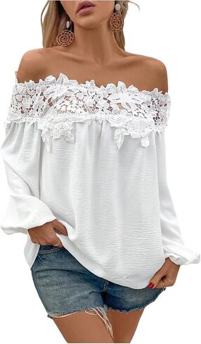 WDIRARA Women's Floral Lace Off Shoulder Blouse Long Bishop Sleeve Top Solid Shirt in Saudi Arabia