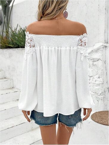 WDIRARA Women's Floral Lace Off Shoulder Blouse Long Bishop Sleeve Top Solid Shirt in Saudi Arabia