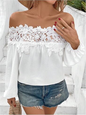 WDIRARA Women's Floral Lace Off Shoulder Blouse Long Bishop Sleeve Top Solid Shirt in Saudi Arabia