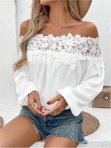WDIRARA Women's Floral Lace Off Shoulder Blouse Long Bishop Sleeve Top Solid Shirt in Saudi Arabia