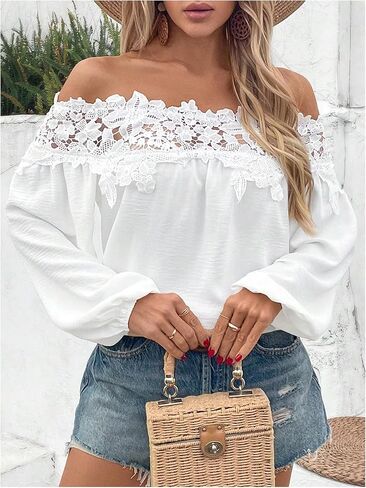 WDIRARA Women's Floral Lace Off Shoulder Blouse Long Bishop Sleeve Top Solid Shirt in Saudi Arabia