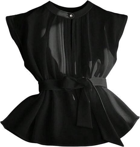 SHENHE Women's Dressy Casual Blouse Cap Sleeve Tie Waist Pleated Keyhole Top Business Shirt in Saudi Arabia