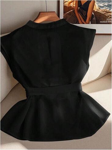 SHENHE Women's Dressy Casual Blouse Cap Sleeve Tie Waist Pleated Keyhole Top Business Shirt in Saudi Arabia