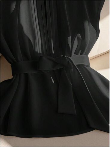 SHENHE Women's Dressy Casual Blouse Cap Sleeve Tie Waist Pleated Keyhole Top Business Shirt in Saudi Arabia