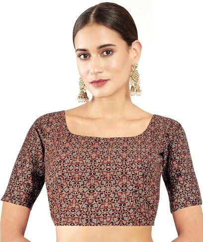 Chandrakala Cotton Printed Blouses for Women Sarees, Elbow Sleeves Ajrakh Print Crop top Choli (B223-P) in Saudi Arabia