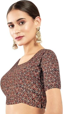Chandrakala Cotton Printed Blouses for Women Sarees, Elbow Sleeves Ajrakh Print Crop top Choli (B223-P) in Saudi Arabia