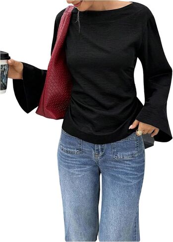 SHENHE Women's Dressy Casual Blouse Boat Neck Bell Long Sleeve Going Out Top Shirt in Saudi Arabia