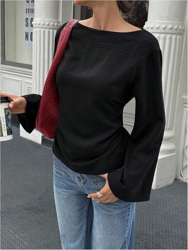 SHENHE Women's Dressy Casual Blouse Boat Neck Bell Long Sleeve Going Out Top Shirt in Saudi Arabia