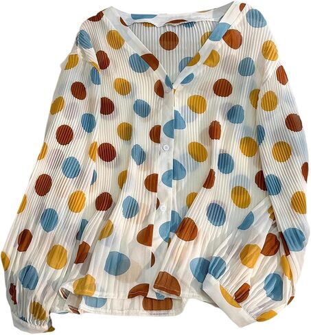 SHENHE Women's Button Down Shirt V Neck Polka Dots Pleated Long Sleeve Work Blouse in Saudi Arabia
