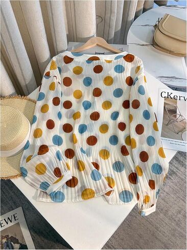 SHENHE Women's Button Down Shirt V Neck Polka Dots Pleated Long Sleeve Work Blouse in Saudi Arabia