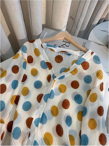 SHENHE Women's Button Down Shirt V Neck Polka Dots Pleated Long Sleeve Work Blouse in Saudi Arabia