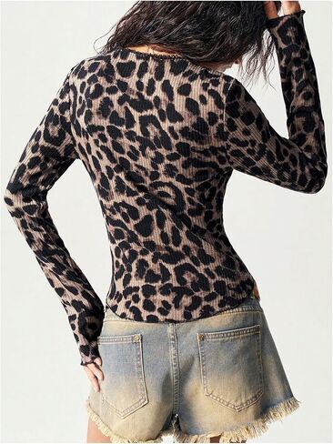 Women's Leopard Cheetah Button Down V Neck T Shirts Lace Ribbed Knit Long Sleeve Top Fall Outfits in Saudi Arabia