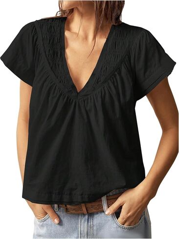 Women's Oversized Shirts V Neck Short Sleeve Blouses Casual Summer Tops in Saudi Arabia
