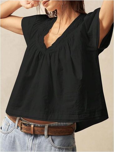 Women's Oversized Shirts V Neck Short Sleeve Blouses Casual Summer Tops in Saudi Arabia