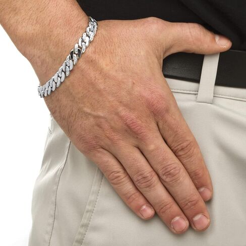 PalmBeach Men's Platinum-plated Genuine Diamond Accent Curb Link Bracelet (9mm), Box Clasp, 8.5 inches in Saudi Arabia