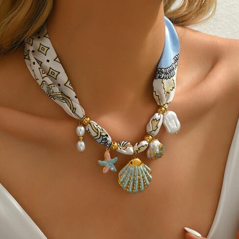 Silk Scarf Necklace for Women Adjustable Bandana Choker with Pearl 18K Gold Charms,Boho Beach Ceramic Jewelry Leaf Butterfly Starfish Coin Pendant Summer Holiday Jewelry in Saudi Arabia