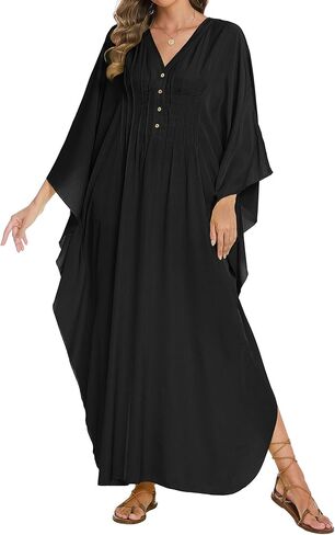 Bsubseach Women Kaftan Dresses Solid V Neck Swimsuit Coverup Batwing Sleeve Plus Size Caftans Loungewear with Pockets in Saudi Arabia