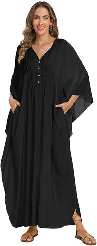 Bsubseach Women Kaftan Dresses Solid V Neck Swimsuit Coverup Batwing Sleeve Plus Size Caftans Loungewear with Pockets in Saudi Arabia