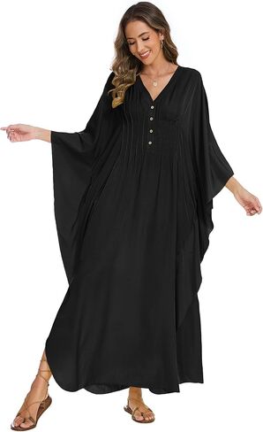 Bsubseach Women Kaftan Dresses Solid V Neck Swimsuit Coverup Batwing Sleeve Plus Size Caftans Loungewear with Pockets in Saudi Arabia