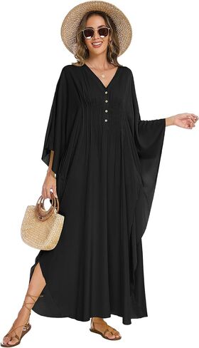 Bsubseach Women Kaftan Dresses Solid V Neck Swimsuit Coverup Batwing Sleeve Plus Size Caftans Loungewear with Pockets in Saudi Arabia
