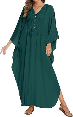 Bsubseach Women Kaftan Dresses Solid V Neck Swimsuit Coverup Batwing Sleeve Plus Size Caftans Loungewear with Pockets in Kuwait