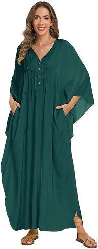 Bsubseach Women Kaftan Dresses Solid V Neck Swimsuit Coverup Batwing Sleeve Plus Size Caftans Loungewear with Pockets in Kuwait