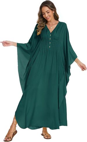 Bsubseach Women Kaftan Dresses Solid V Neck Swimsuit Coverup Batwing Sleeve Plus Size Caftans Loungewear with Pockets in Kuwait