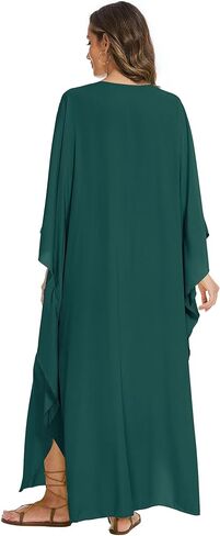 Bsubseach Women Kaftan Dresses Solid V Neck Swimsuit Coverup Batwing Sleeve Plus Size Caftans Loungewear with Pockets in Kuwait