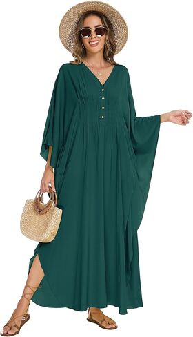 Bsubseach Women Kaftan Dresses Solid V Neck Swimsuit Coverup Batwing Sleeve Plus Size Caftans Loungewear with Pockets in Kuwait