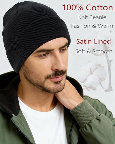 ROYBENS Satin Lined Beanie, 100% Cotton Beanies Hats for Men Women, Slouchy Knit Cuffed Winter Warm Soft Skull Cap Hat in Kuwait