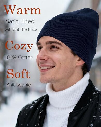 ROYBENS Satin Lined Beanie, 100% Cotton Beanies Hats for Men Women, Slouchy Knit Cuffed Winter Warm Soft Skull Cap Hat in Kuwait