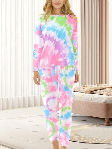 بيجامة نسائية عصرية ذات صبغ التعادل مكونة من قطعتين ناعمة بأكمام طويلة وسروال PJ Set Jammies in Saudi Arabia