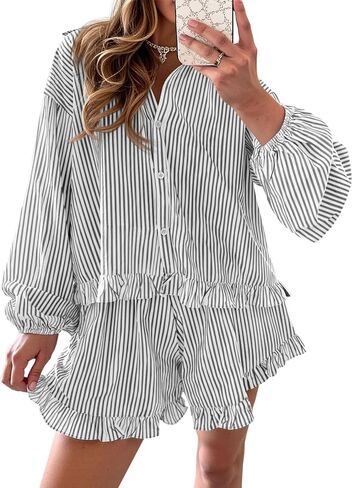Fisoew Womens Stripe 2 Piece Lounge Sets Button Down Ruffle Shirts Shorts Sets Casual Oversized Pajama Sets Loungewear in Saudi Arabia