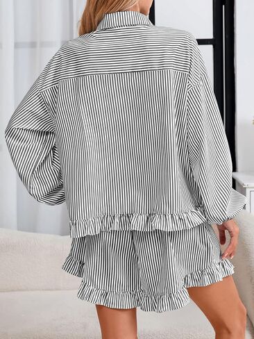 Fisoew Womens Stripe 2 Piece Lounge Sets Button Down Ruffle Shirts Shorts Sets Casual Oversized Pajama Sets Loungewear in Saudi Arabia