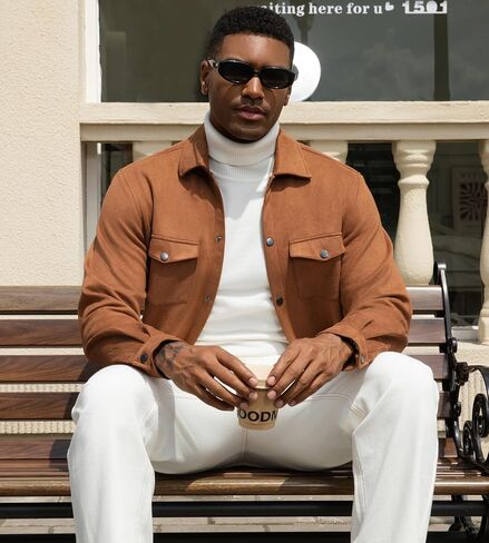 Alex Vando Mens Suede Shirt Jackets Long Sleeve Two Pockets Snap Casual Button Down Shirts in Saudi Arabia