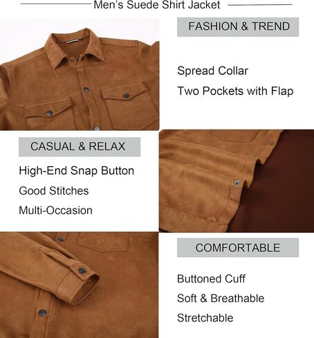 Alex Vando Mens Suede Shirt Jackets Long Sleeve Two Pockets Snap Casual Button Down Shirts in Saudi Arabia